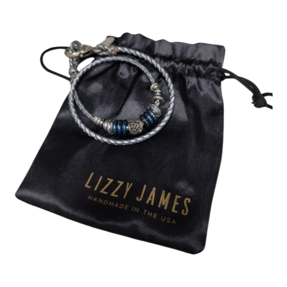 Lizzy James Leather Braided Wrap Bracelet Silver Beaded Handmade USA